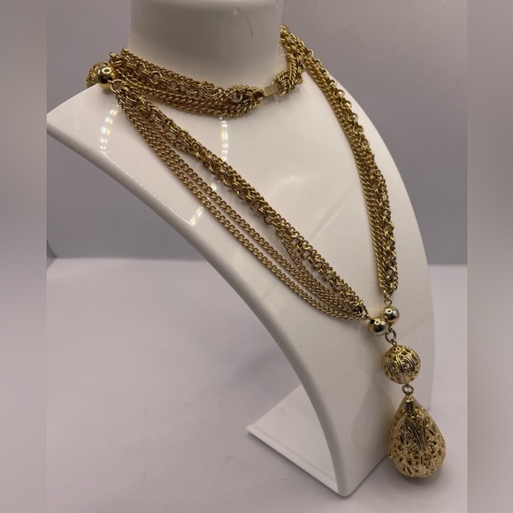 Vintage Gold Tone Festoon Multi Chain Necklace Filigree Sphere Tear Drop Pendant - Picture 7 of 8